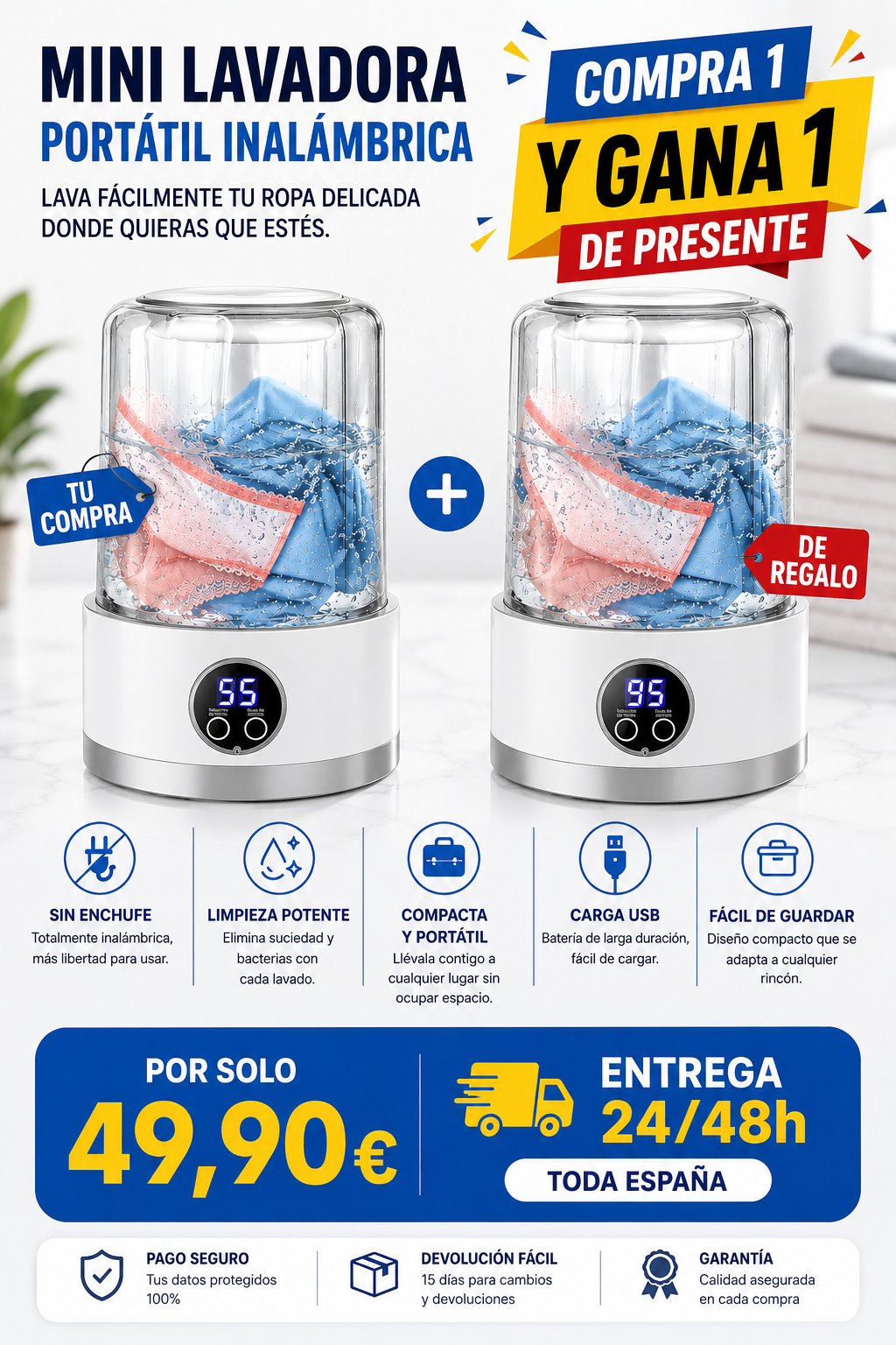 Mini Lavadora Portátil Inalámbrica | Lava en Minutos Donde Quieras